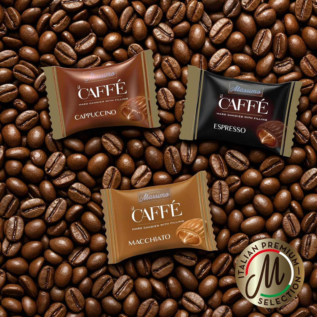 Three varieties of Maestro Massimo Italian coffee hard candies