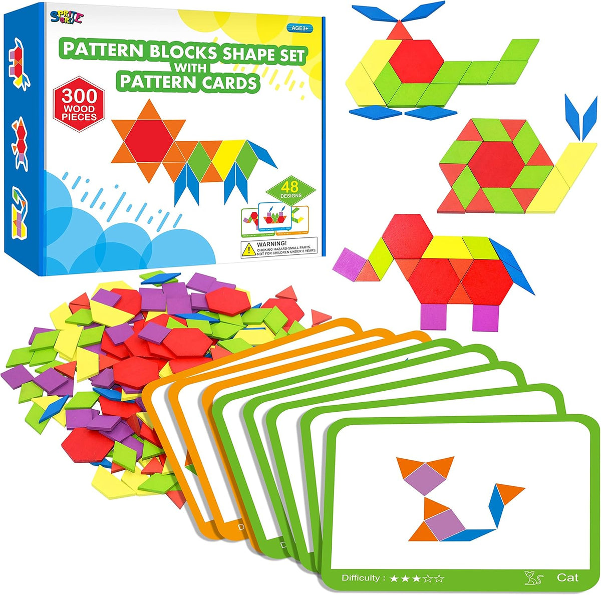 SpriteGru Wooden Pattern Blocks Set front view premium educational Montessori toy for toddlers