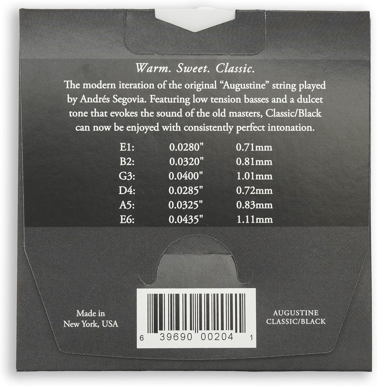 Close up of Augustine nylon guitar strings label and branding