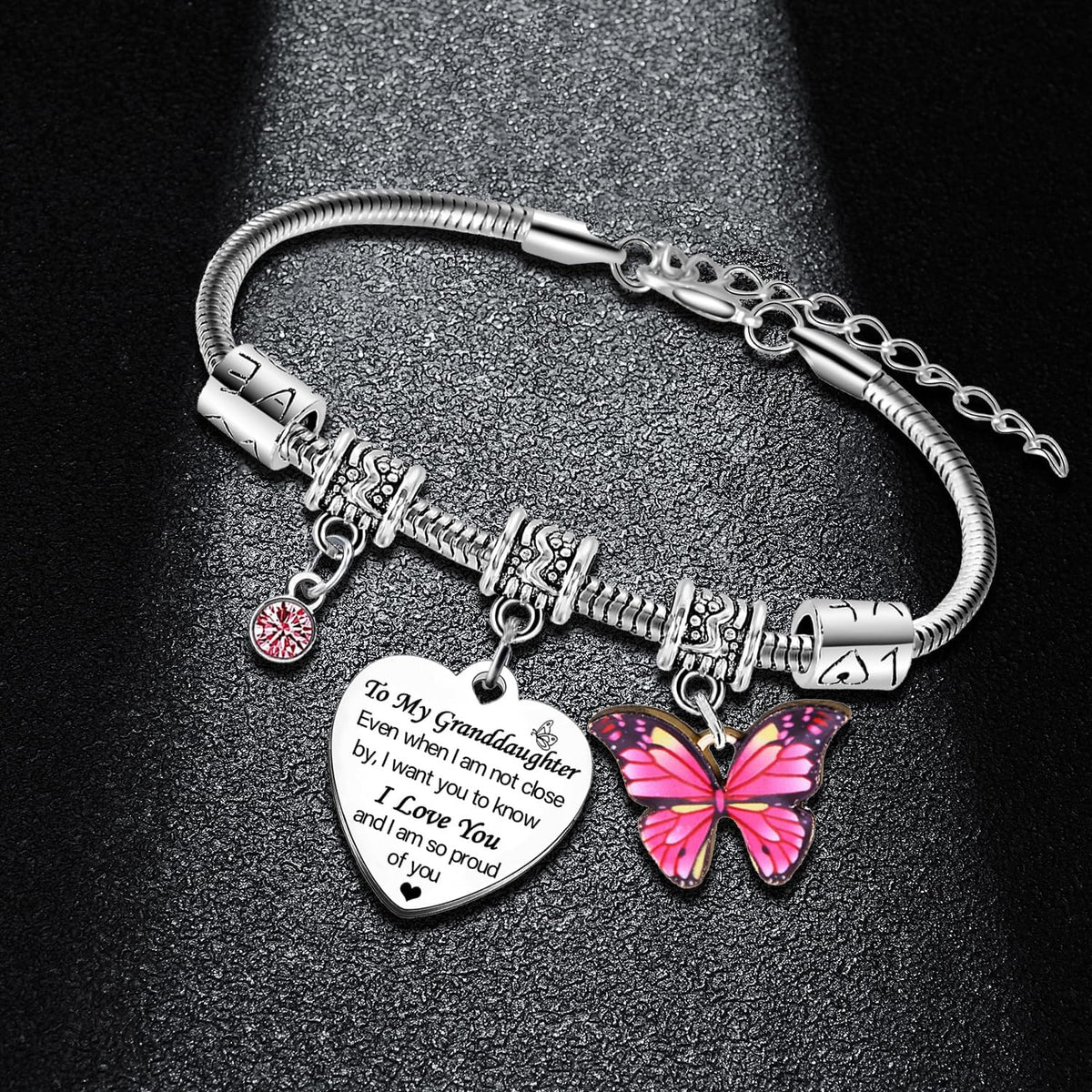 Close-up view of the stainless steel chain and lobster claw clasp
