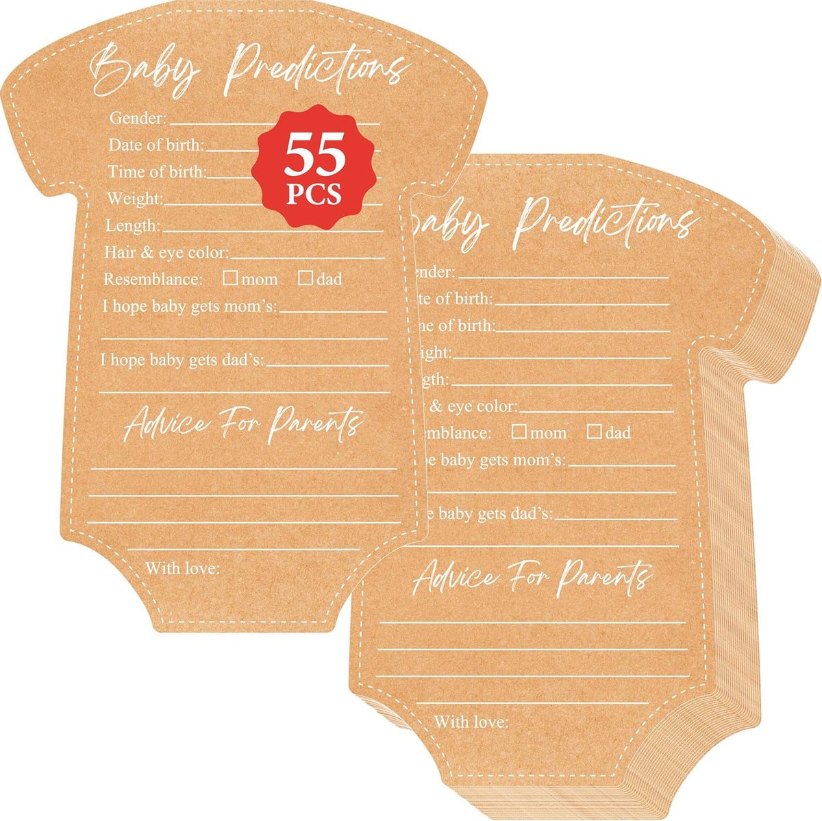 Gethelud baby prediction cards front view showing onesie shape for party decorations