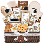 Eirnay Coconut Vanilla home spa pampering gift basket front view showcasing sixteen piece collection inside a decorative container.