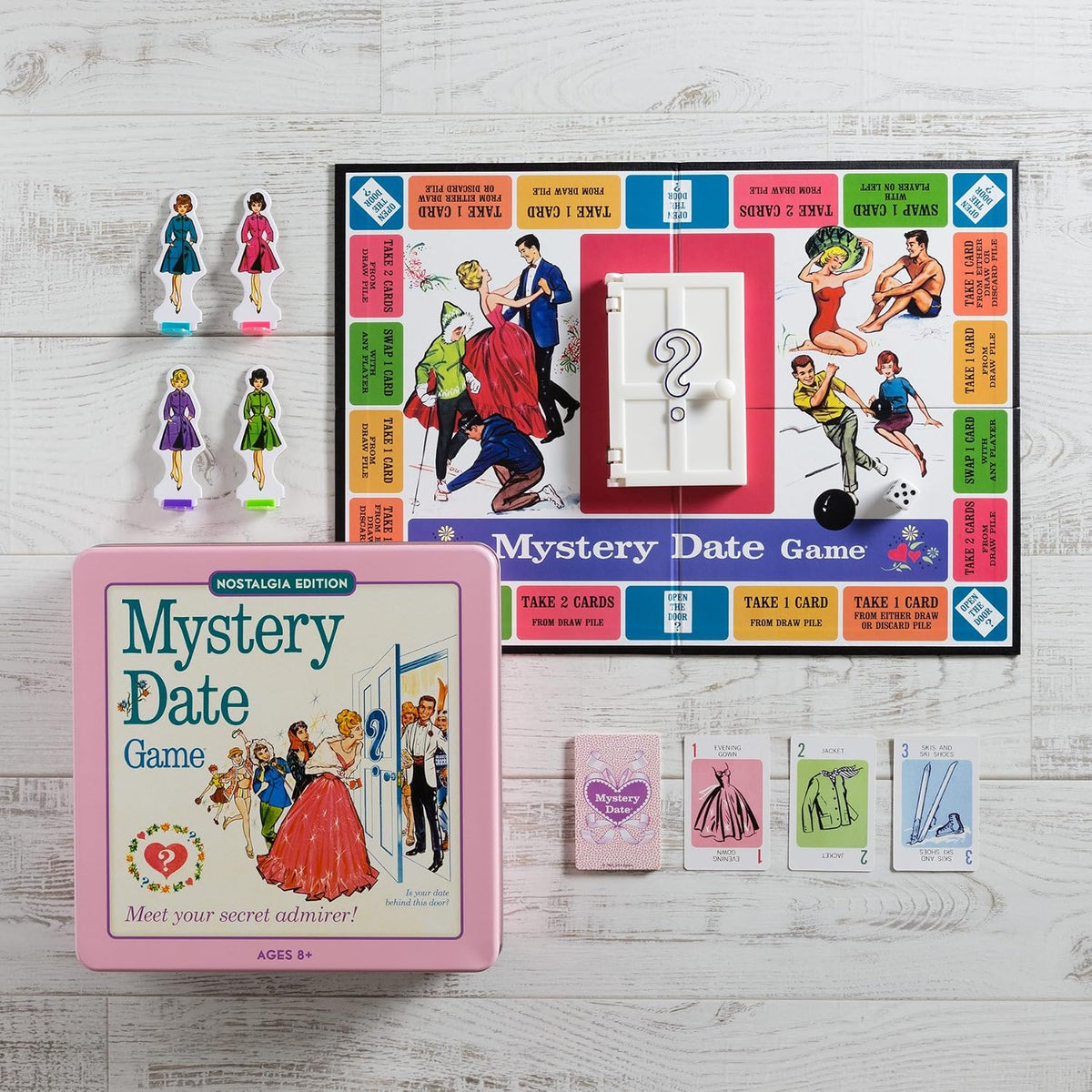 Vintage-style folding gameboard and 3D mystery door mechanism