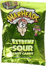 Imported Warheads extreme sour hard candy display showing ingredient details