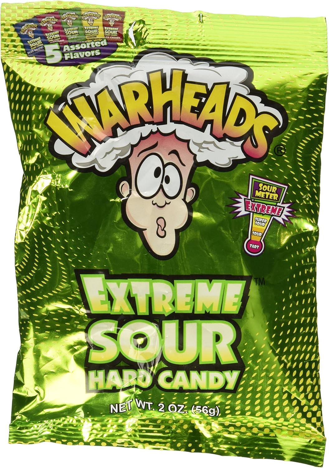 Imported Warheads extreme sour hard candy display showing ingredient details