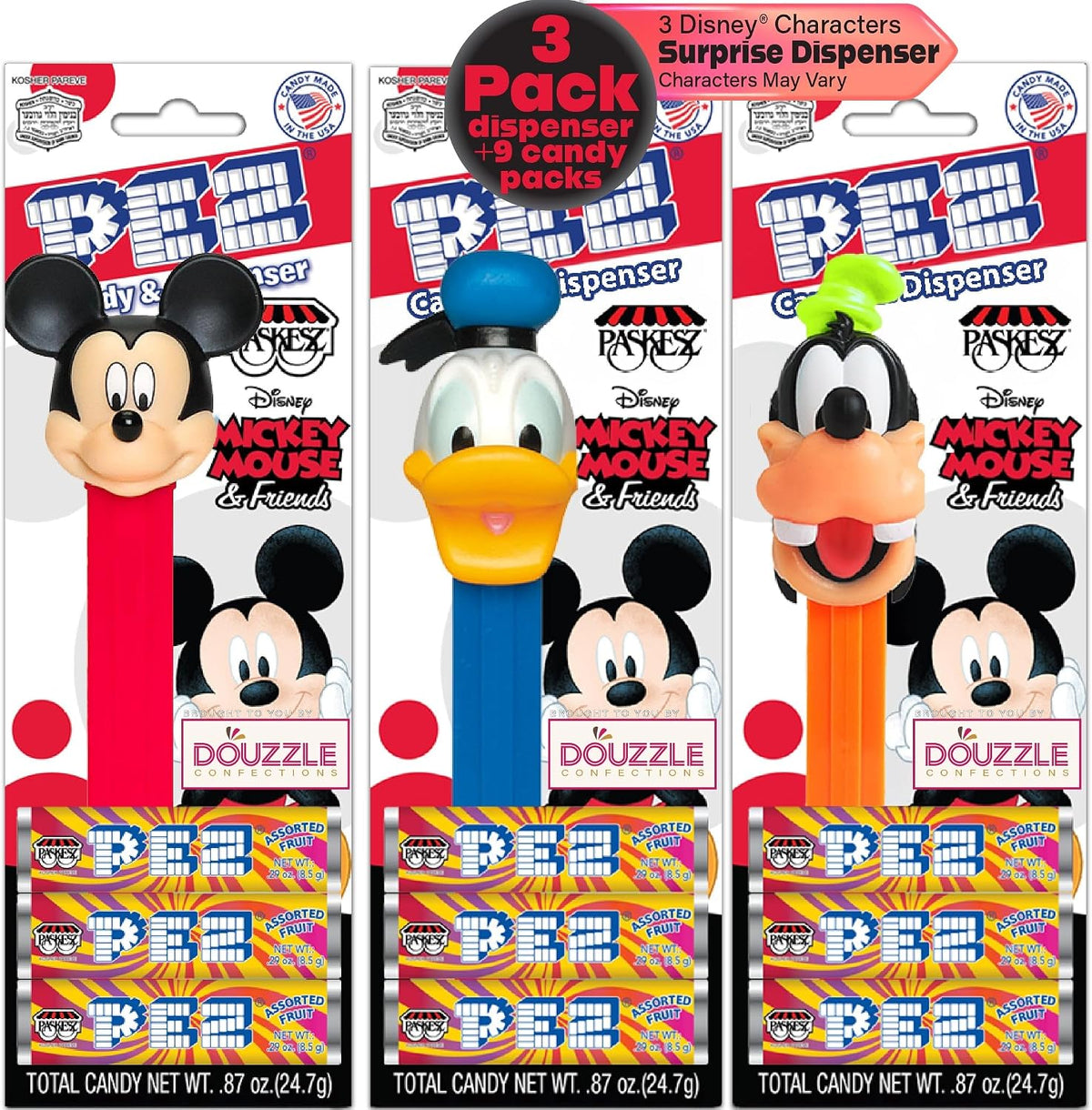 DOUzzle fruit flavored candy tablets being loaded into character dispenser