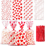 Nelisylux Valentine cellophane treat bags front view filled with festive red candy.