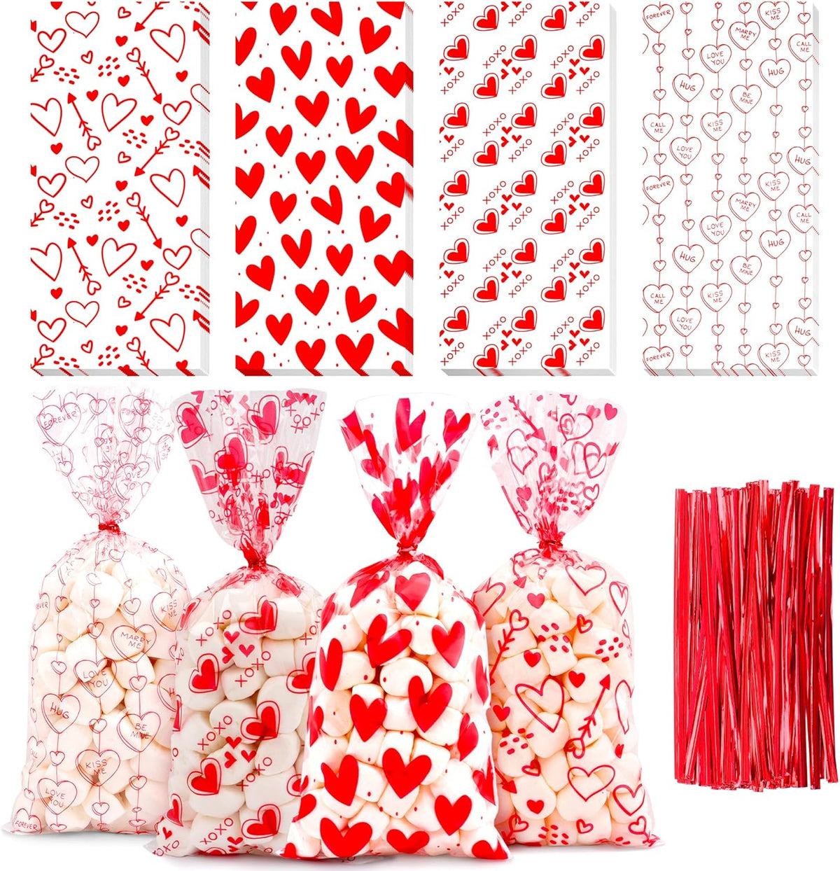 Nelisylux Valentine cellophane treat bags front view filled with festive red candy.