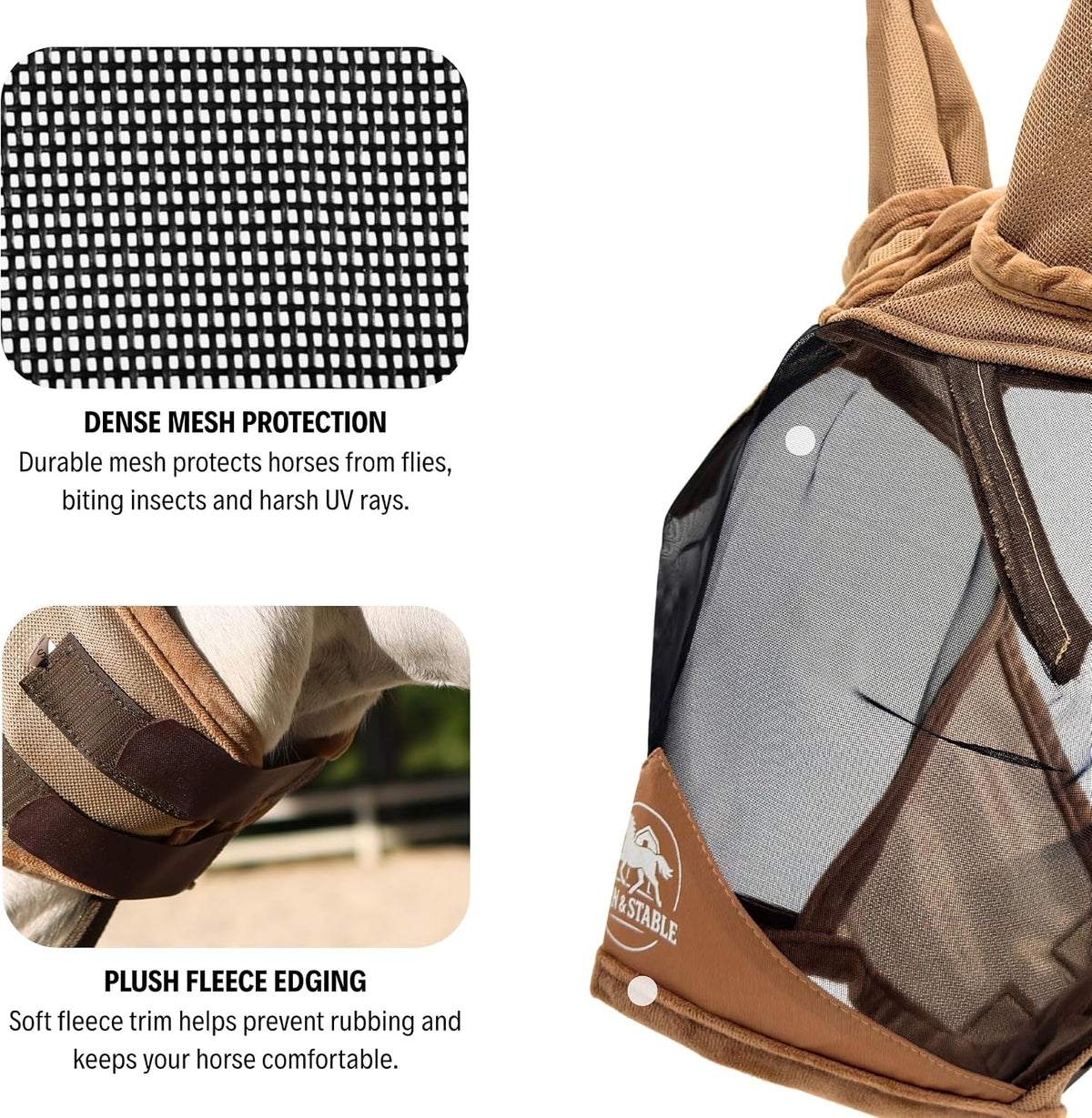 Adjustable touch strap detail on equine fly mask
