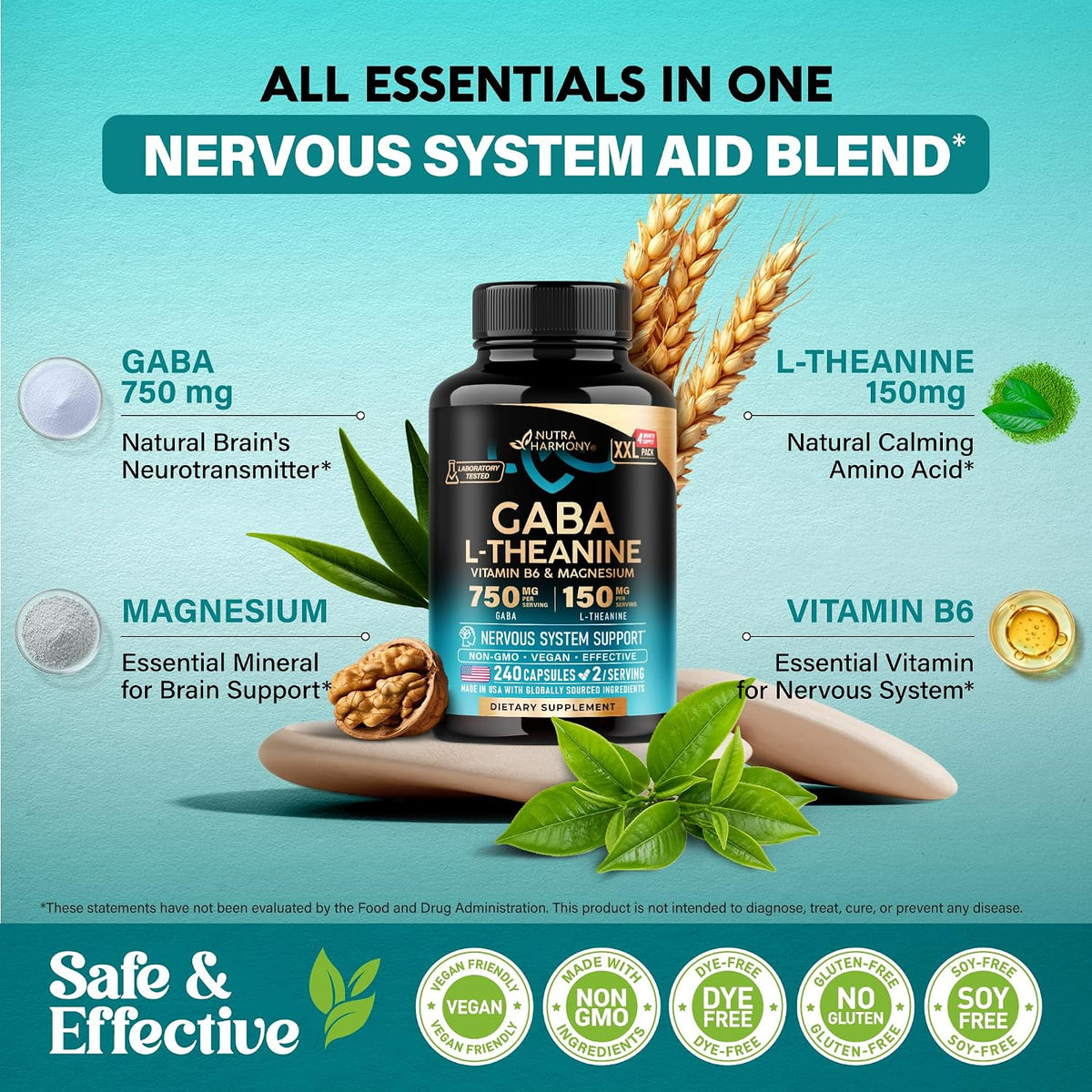 Nutraharmony health supplement packaging highlighting US manufacturing