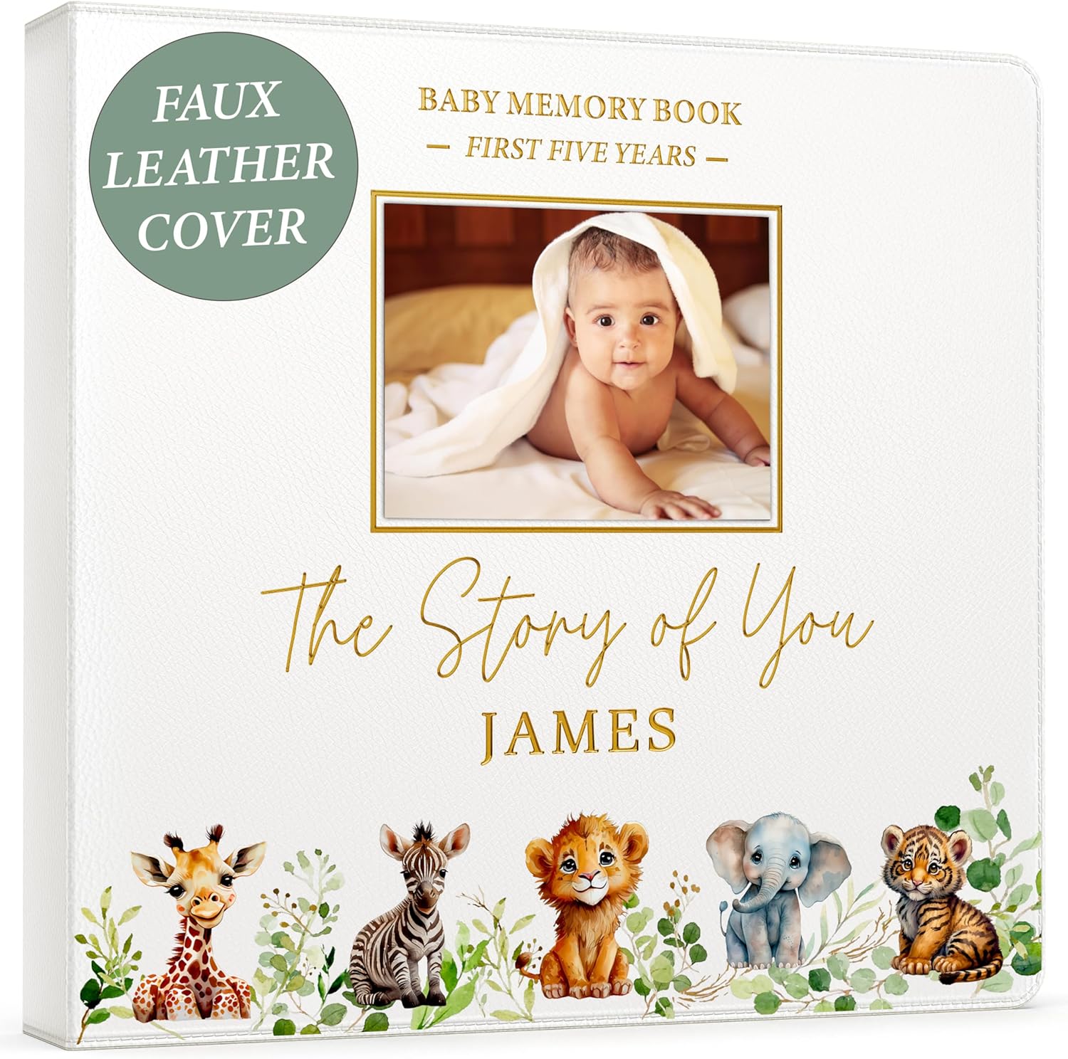 CV CHARVORIA personalized baby memory book front view showing white faux leather cover with gold foil safari animals.