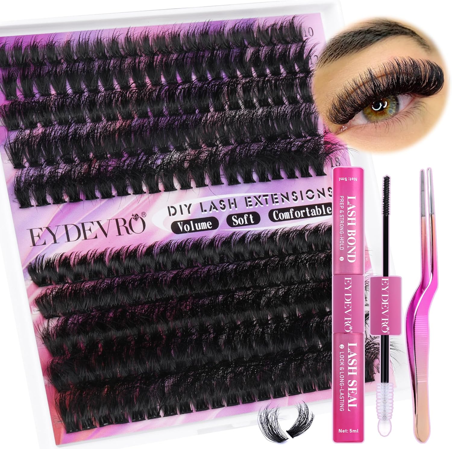 EYDEVRO Wiwilink eyelash extension kit front view showing 200 pieces of thick volume individual lash clusters.
