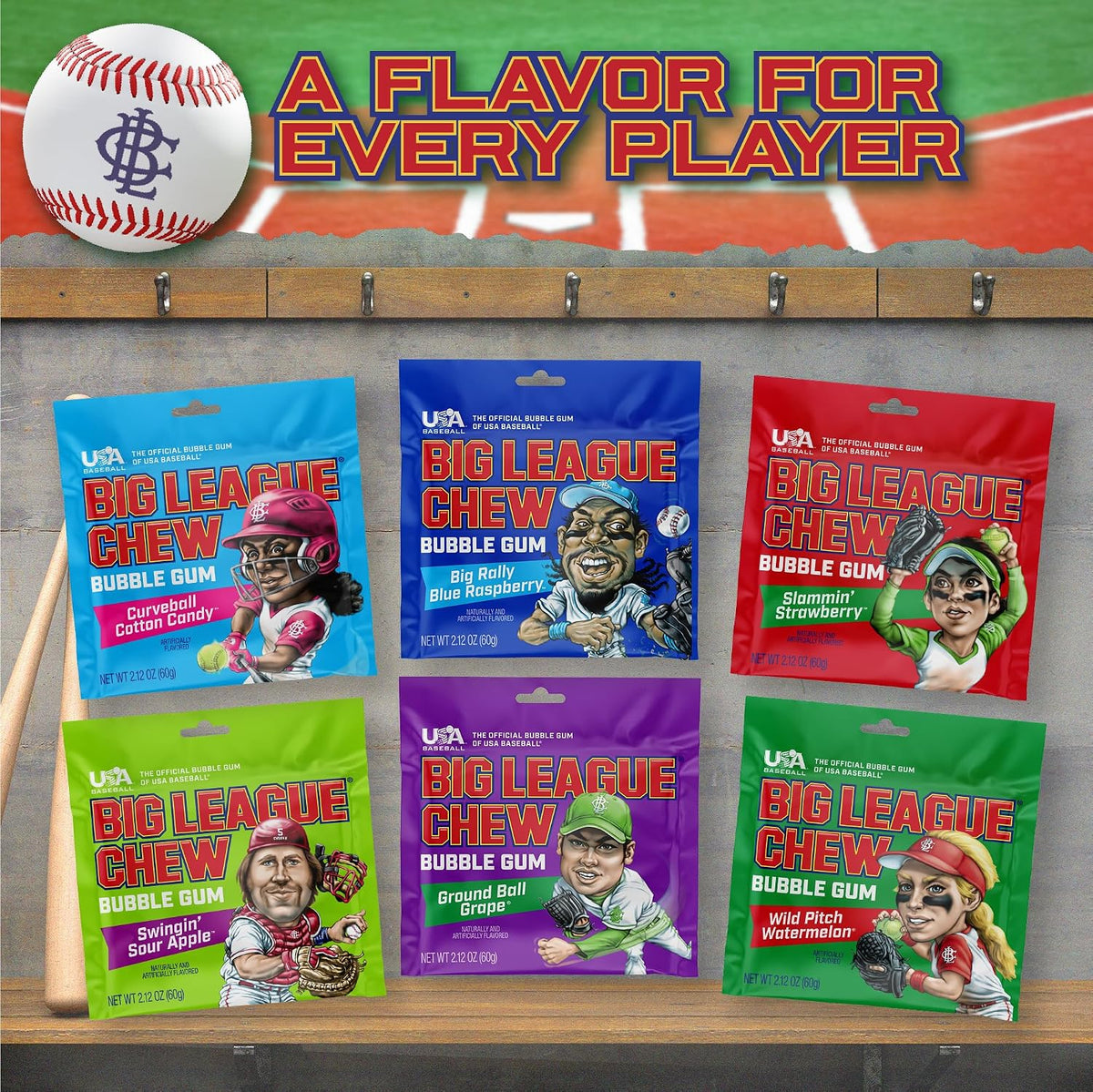 Side angle view of the imported Big League Chew USA bubble gum three pack wrapper design.