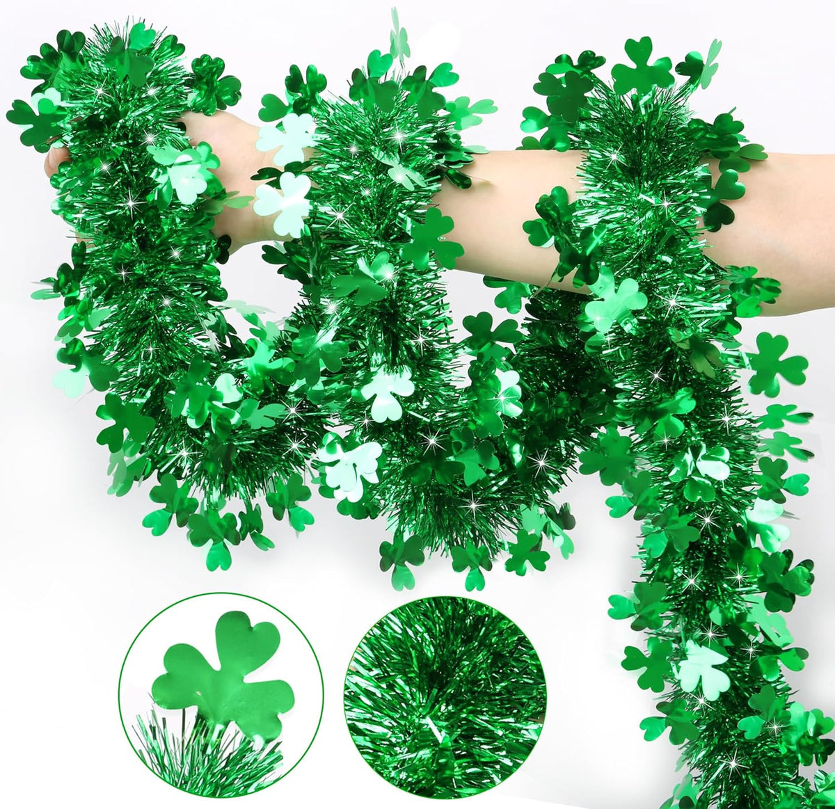 Regteb St Patricks Day green shamrock tinsel garland front view hanging on a living room fireplace mantel.