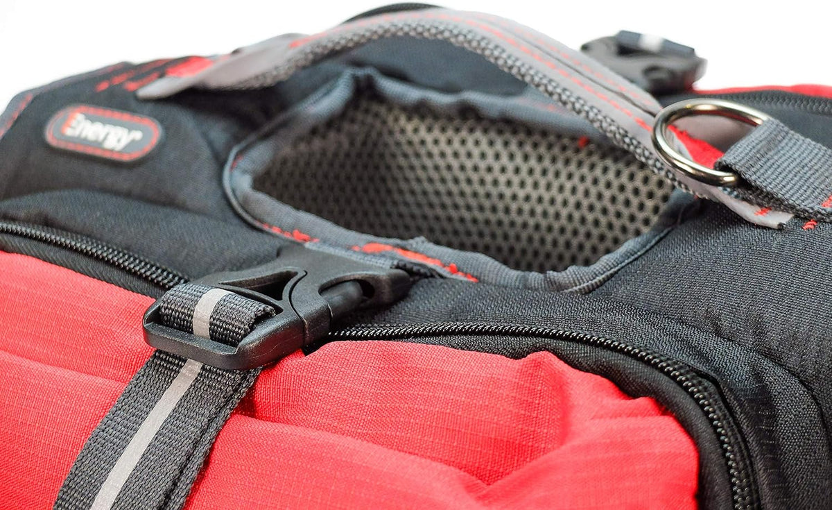Side view of iEnergy saddlebag harness for dogs demonstrating balanced weight distribution