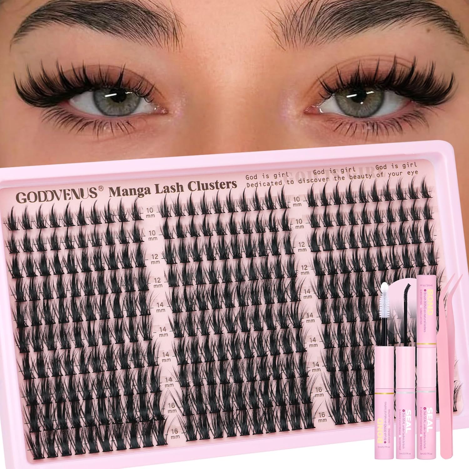 Goddvenus Manga Lash Clusters Kit front view showing the 300 piece individual extensions box packaging
