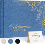 Lanpn blue linen funeral guest book with gold embossed cover
