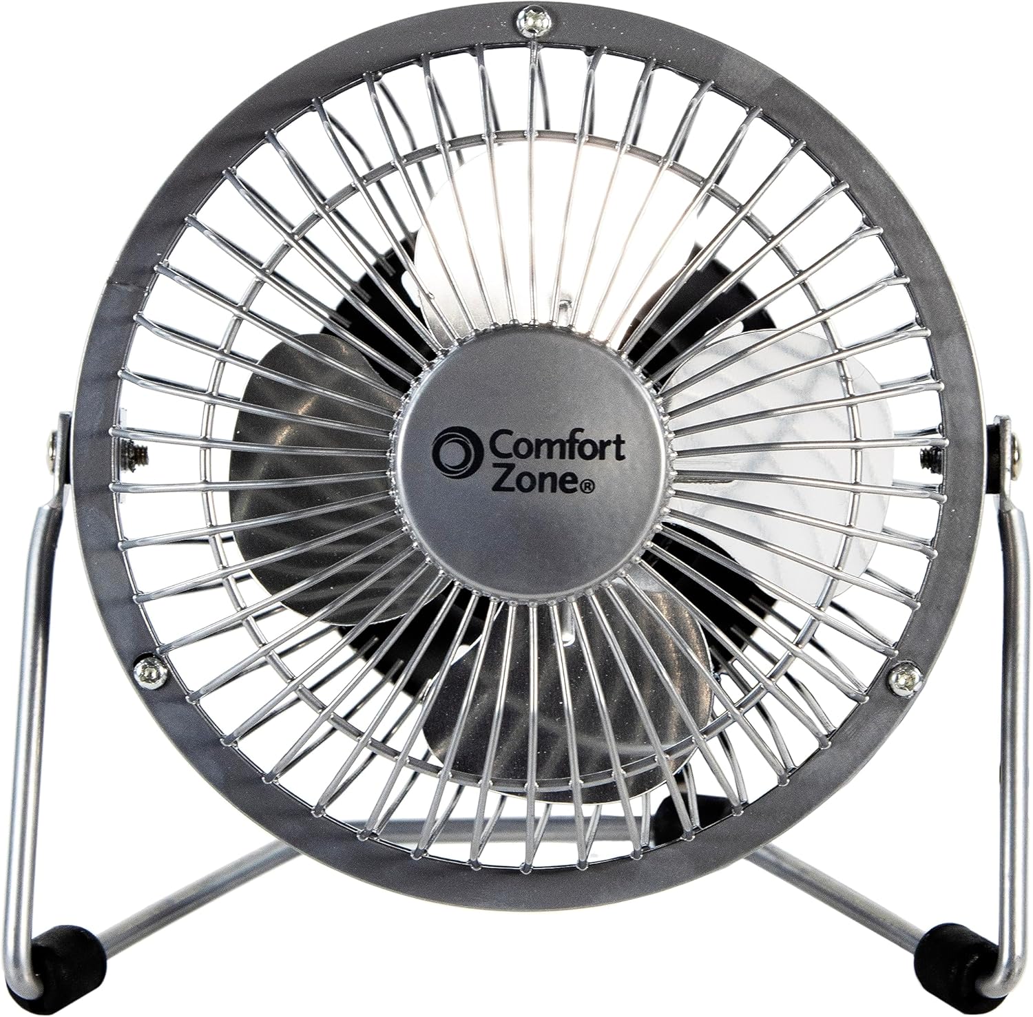 Comfort Zone 4 Inch All Metal Desk Fan front view showing silver steel cage and durable metal blades