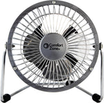 Comfort Zone 4 Inch All Metal Desk Fan front view showing silver steel cage and durable metal blades
