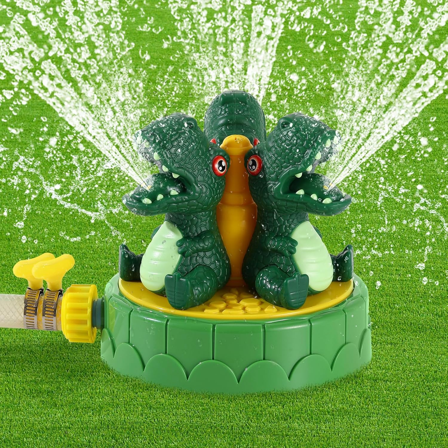 MoKo dinosaur sprinkler kids water toy front view on green lawn