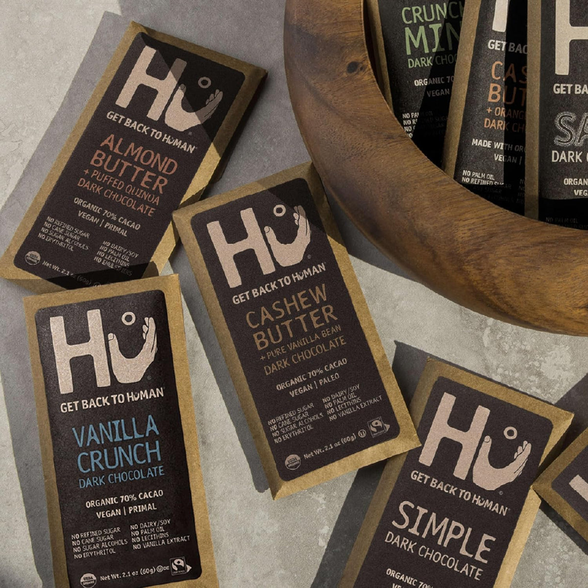 Back packaging of Hu Salty Dark Chocolate showing nutrition facts