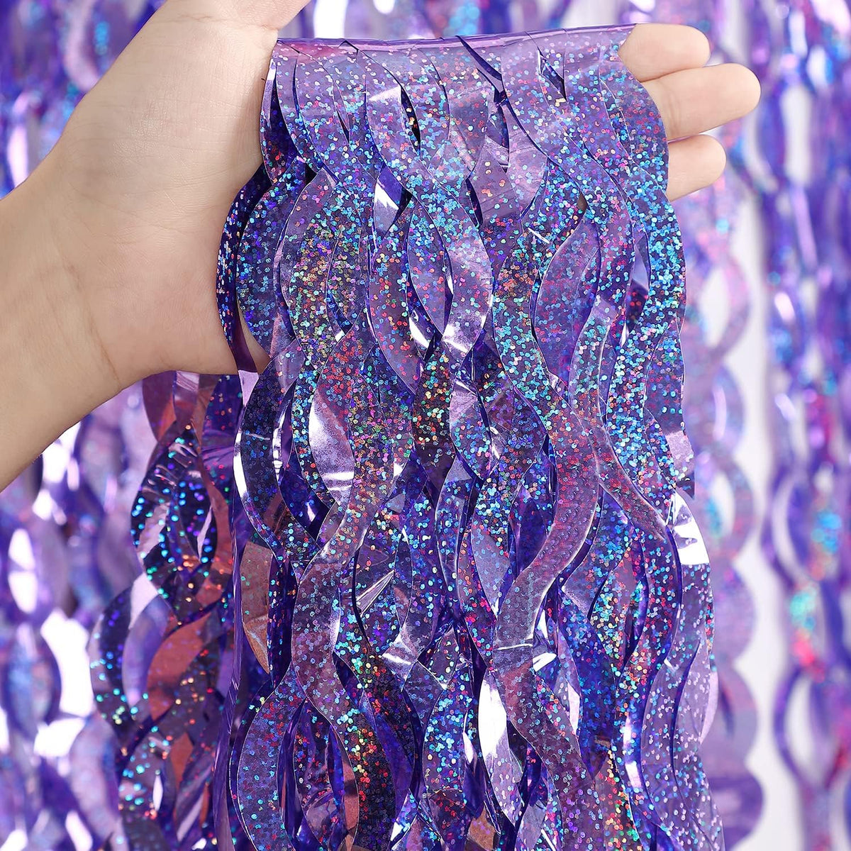 NihaoWXM purple foil fringe curtains front view shimmering party backdrop