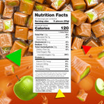 Individually wrapped soft caramel cubes with green apple center displayed on a plate