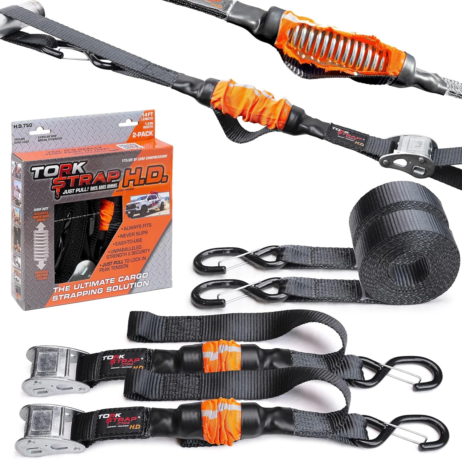 TorkStrap HD750 self tensioning tie down straps front view pack of two