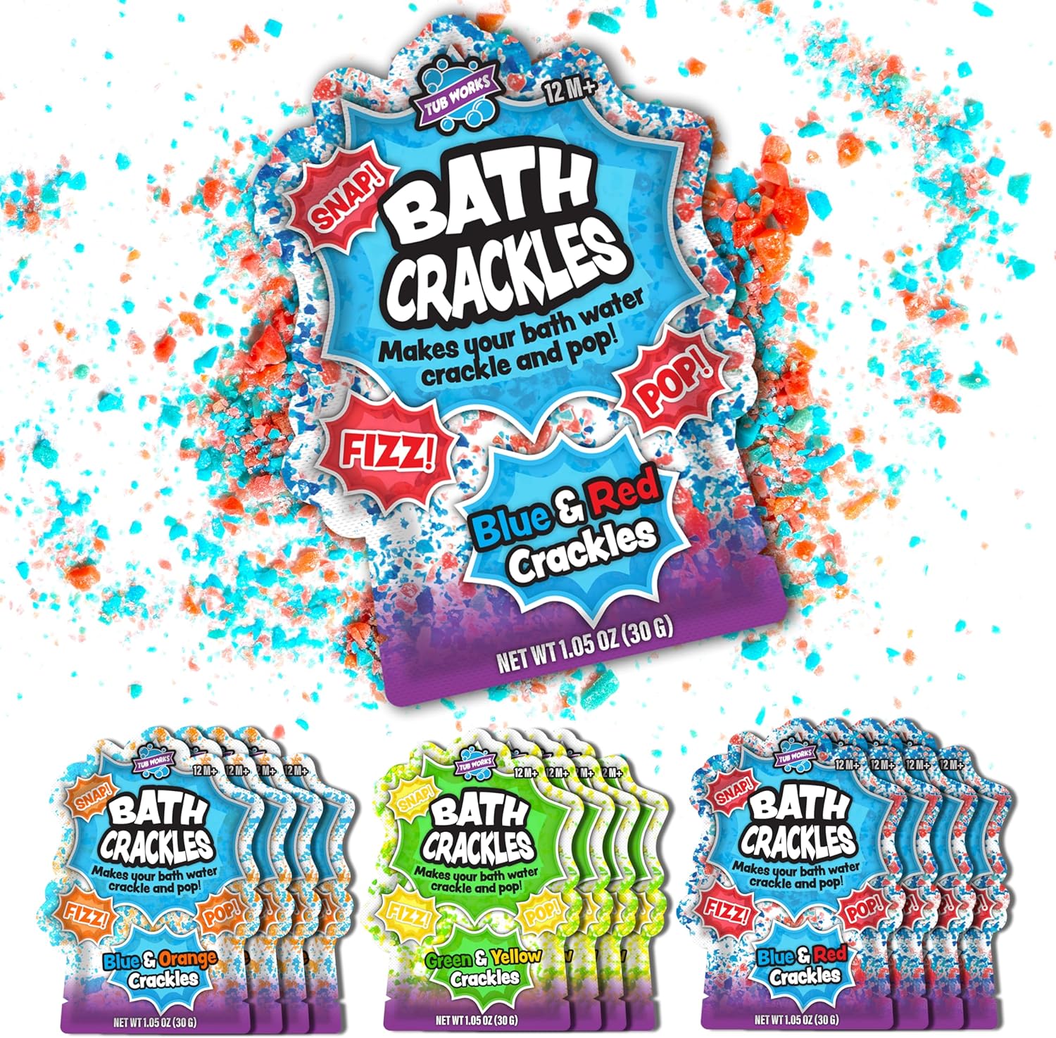Tub Works Bath Crackles Variety Twelve Pack front view showing packaging for sensory kids bath toys