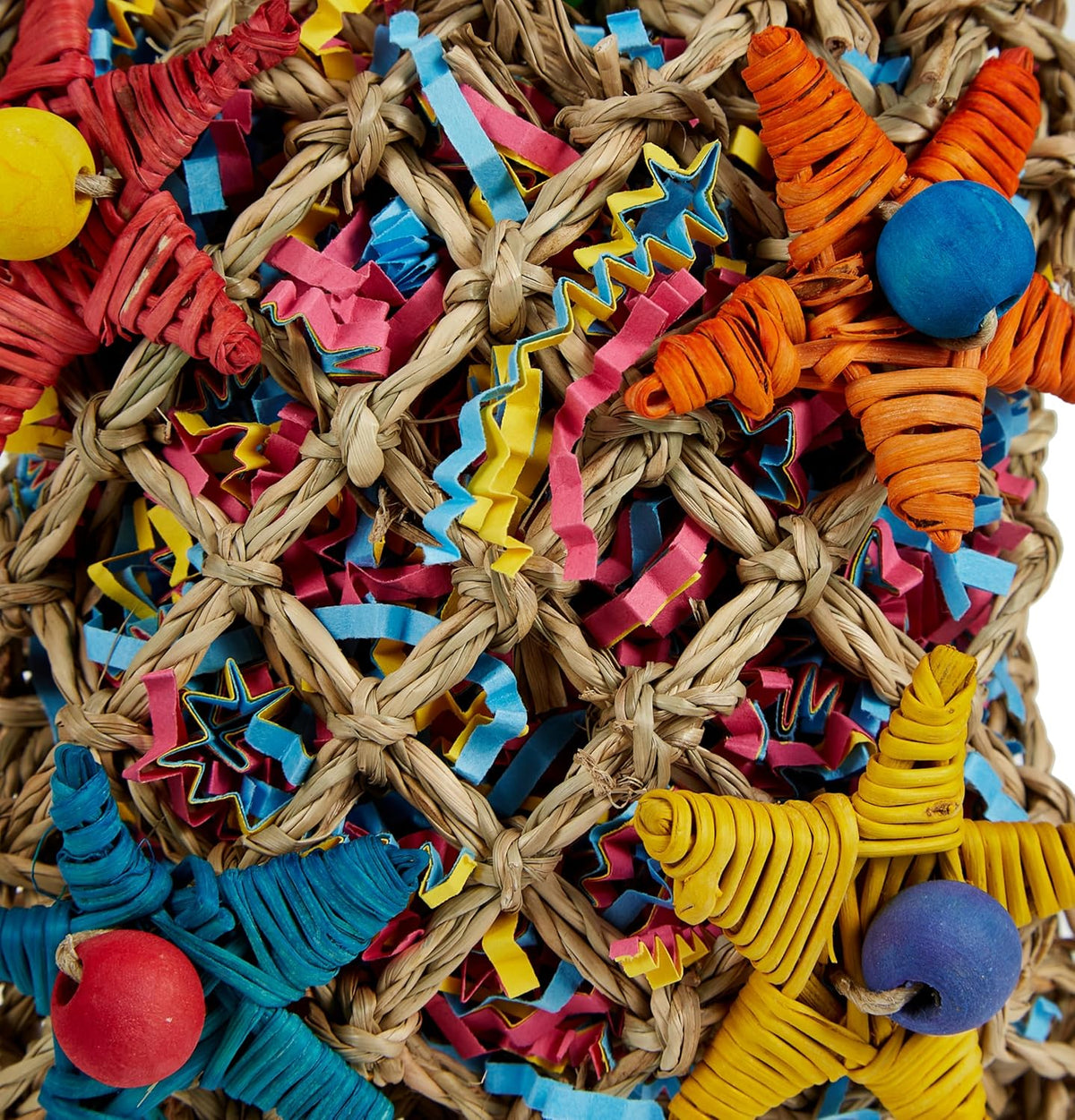 Imported Super Bird Creations bird toy displaying woven vine stars and wood beads details