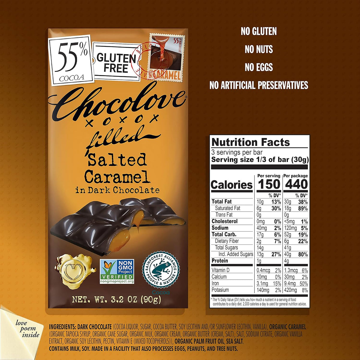 Imported USA gourmet salted caramel dark chocolate nutritional label