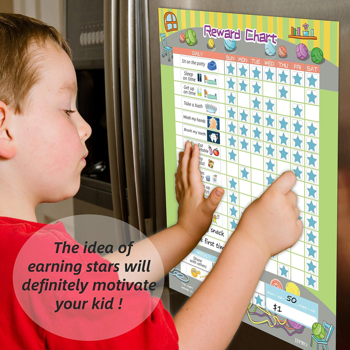 JJPRO Reward Chart for Kids, Dry Erase Routine Chart, Magnetic Behavior Chart for Kids, Star Chart for Kids Behavior at Home.Includes 30 tasks,104 Stars -11" x 14.5"- Green - Image 5