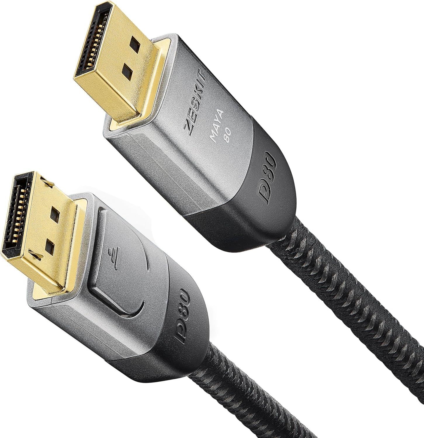 Zeskit Maya DisplayPort 2.1 cable front view showing premium gold-plated connector pins and silver metallic housing.