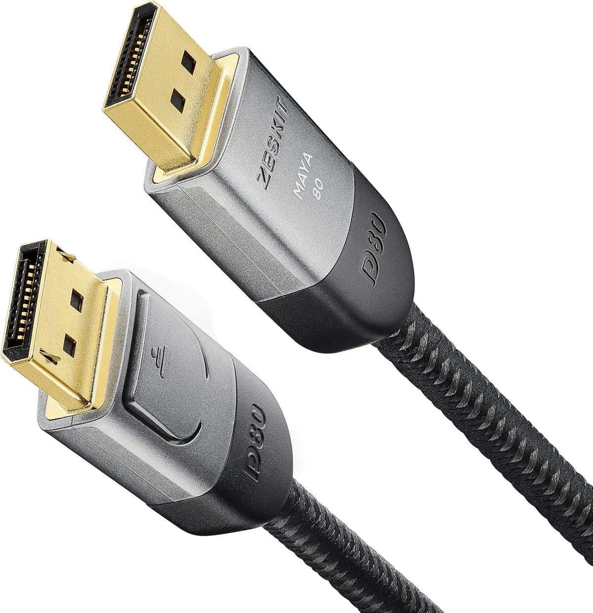 Zeskit Maya DisplayPort 2.1 cable front view showing premium gold-plated connector pins and silver metallic housing.