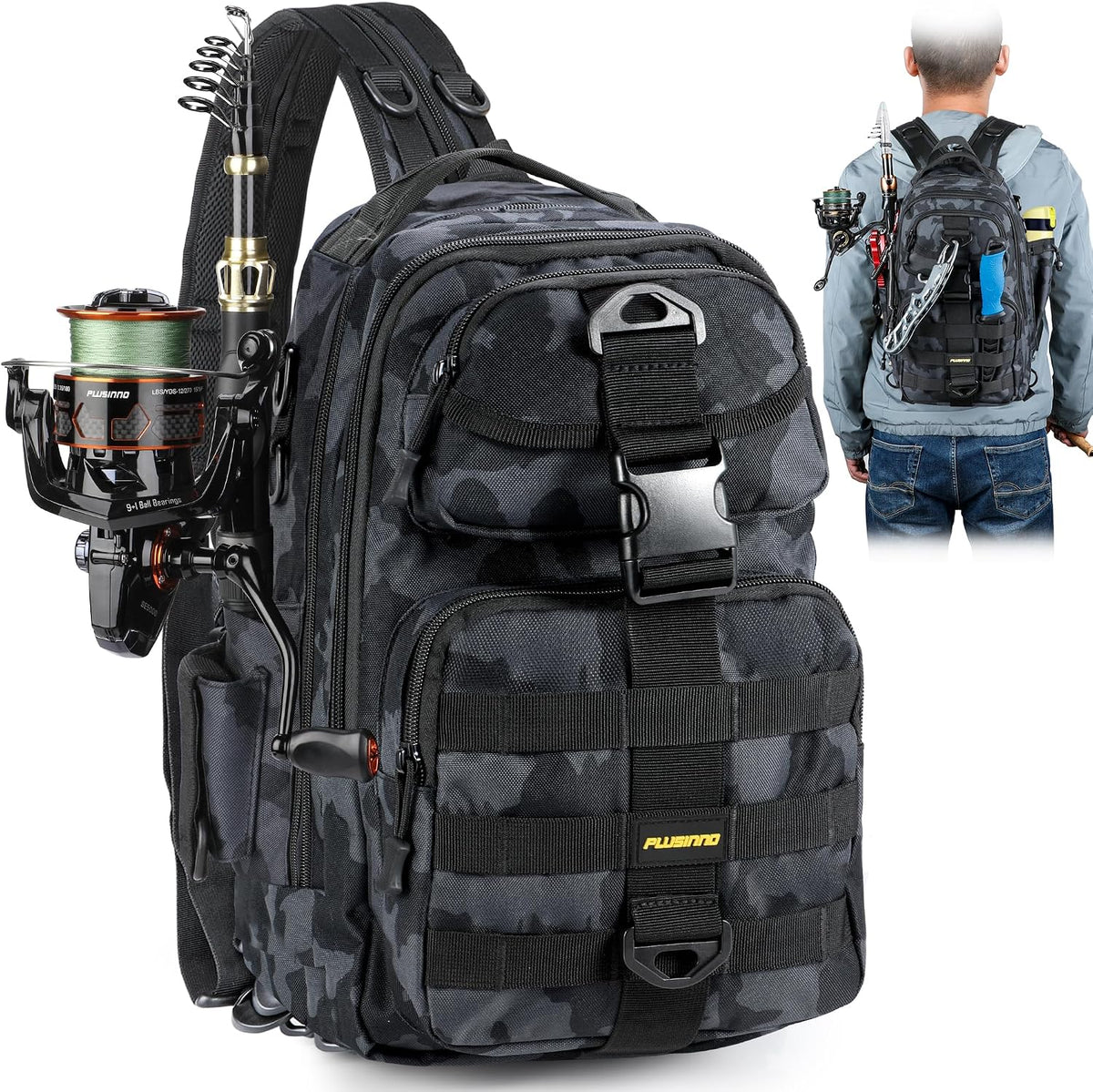 PLUSINNO Fishing Backpack with Floating Fishing Net, Tackle Boxes, Waterproof Sling Tackle Bag For Fish Gear With Rod Holder, Gifts for Men - Image 12