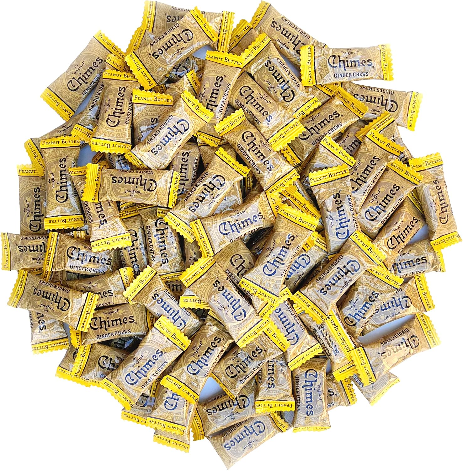 Chimes Peanut Butter Ginger Chews Candy 1-Pound Bag front view showing authentic imported packaging.
