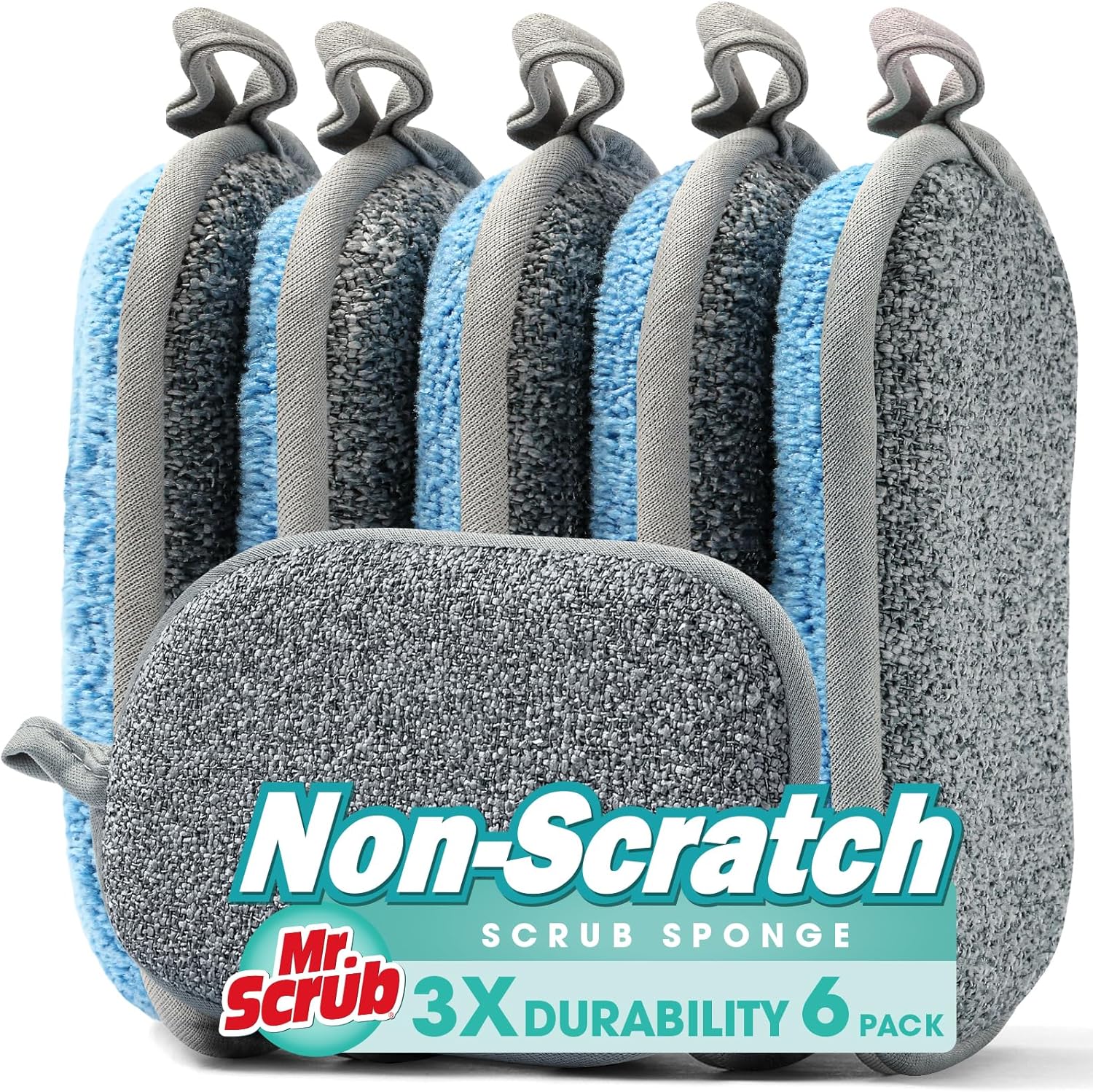 Mr. Scrub kitchen dish sponge 6 pack front view showing dual sided design.