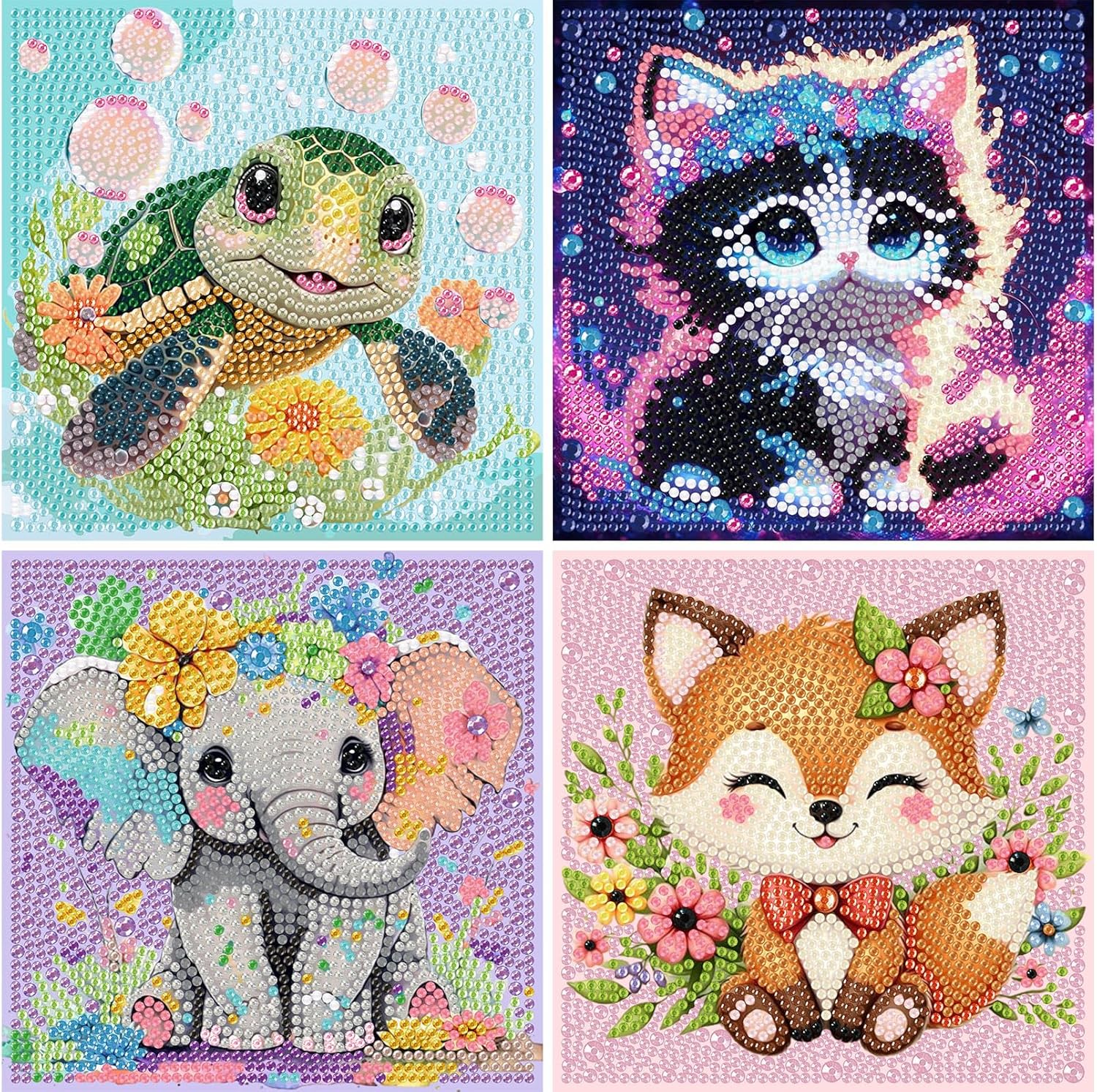 Xackcme 4 Pieces Diamond Art Painting Kits for Kids front view showing sea turtle and cat canvases