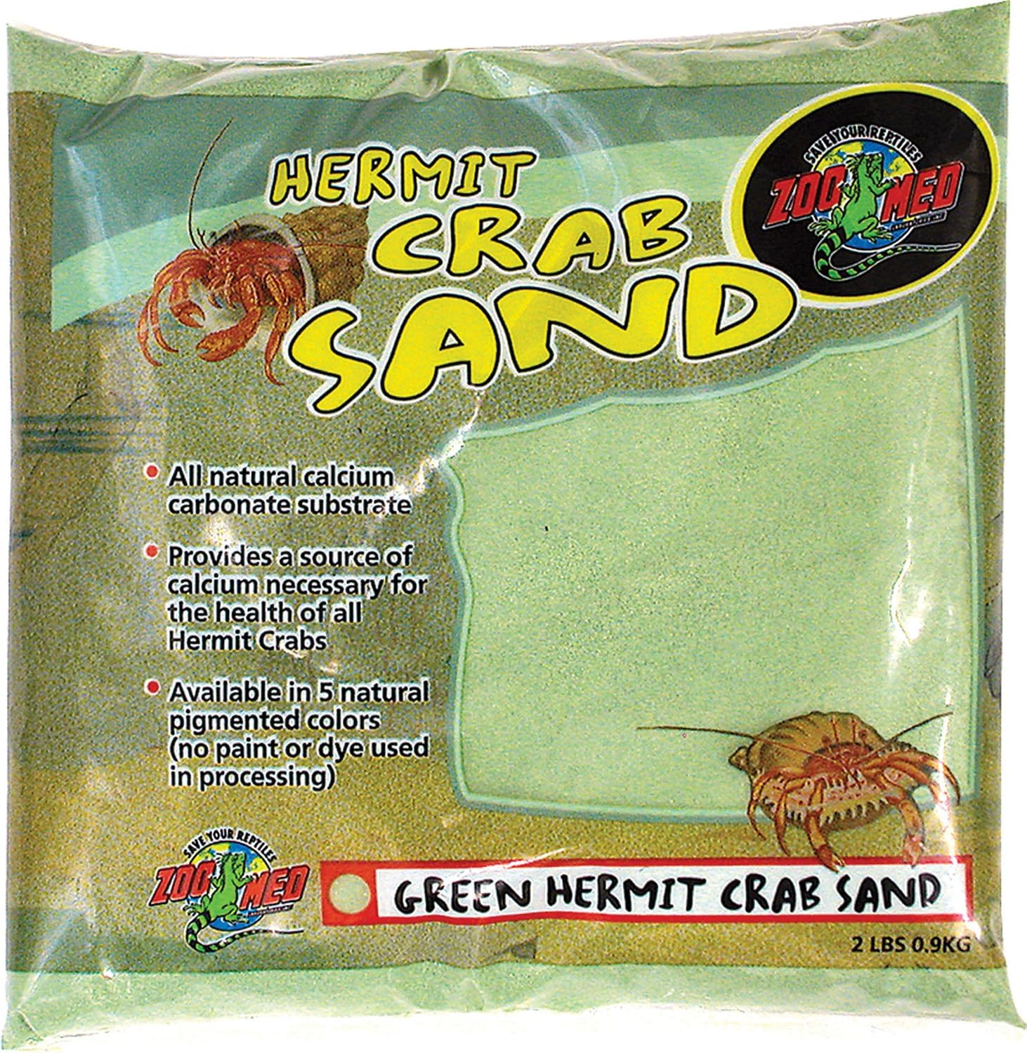 Zoo Med Hermit Crab Sand Green Two Pounds front view bag of premium imported terrarium substrate.