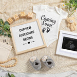 Bee 9 piece pregnancy announcement set front view showcasing the complete white baby reveal kit