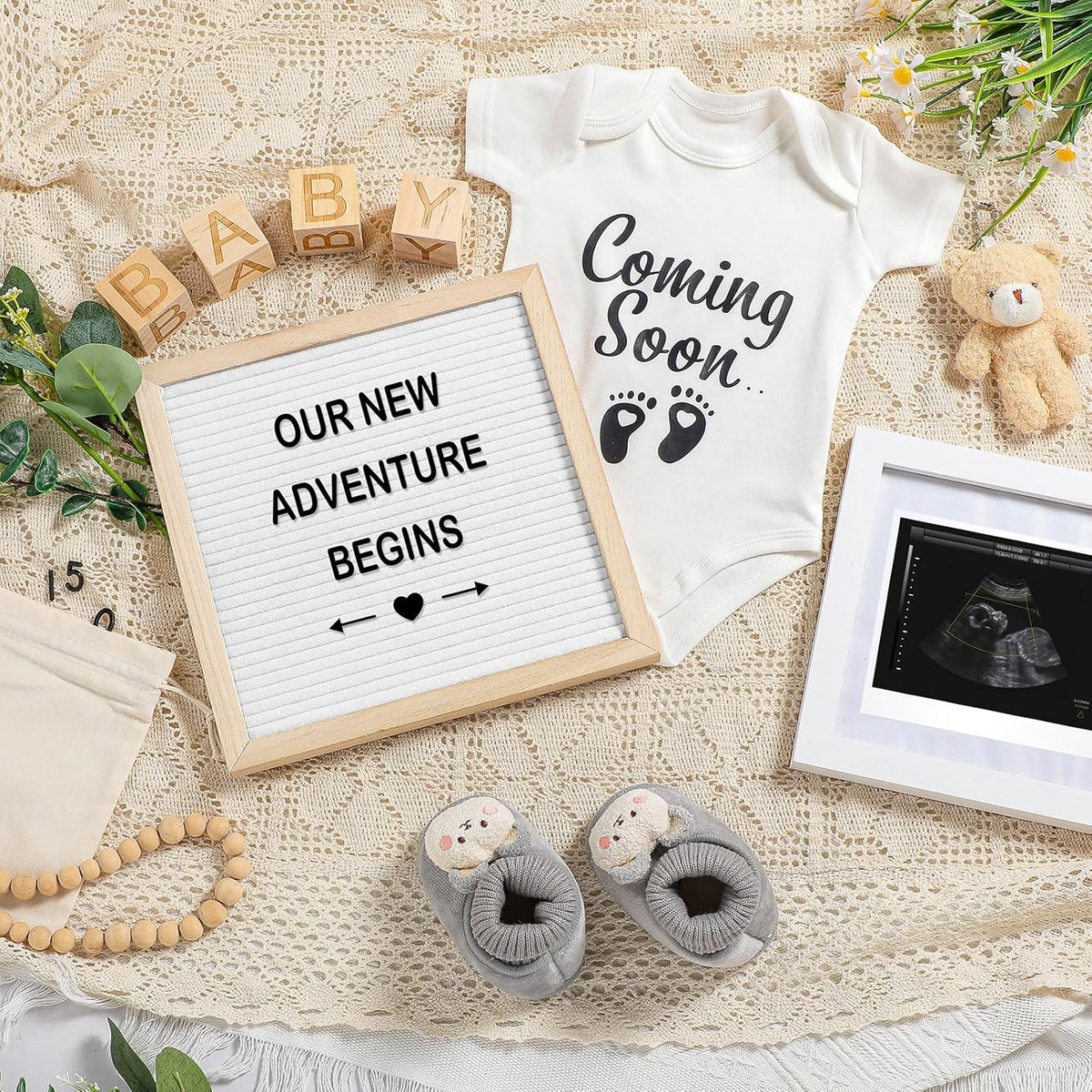 Bee 9 piece pregnancy announcement set front view showcasing the complete white baby reveal kit