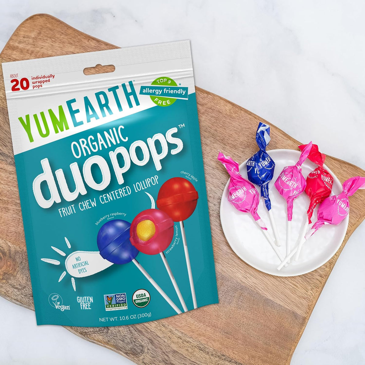 YumEarth dual texture fruit chew center lollipop details