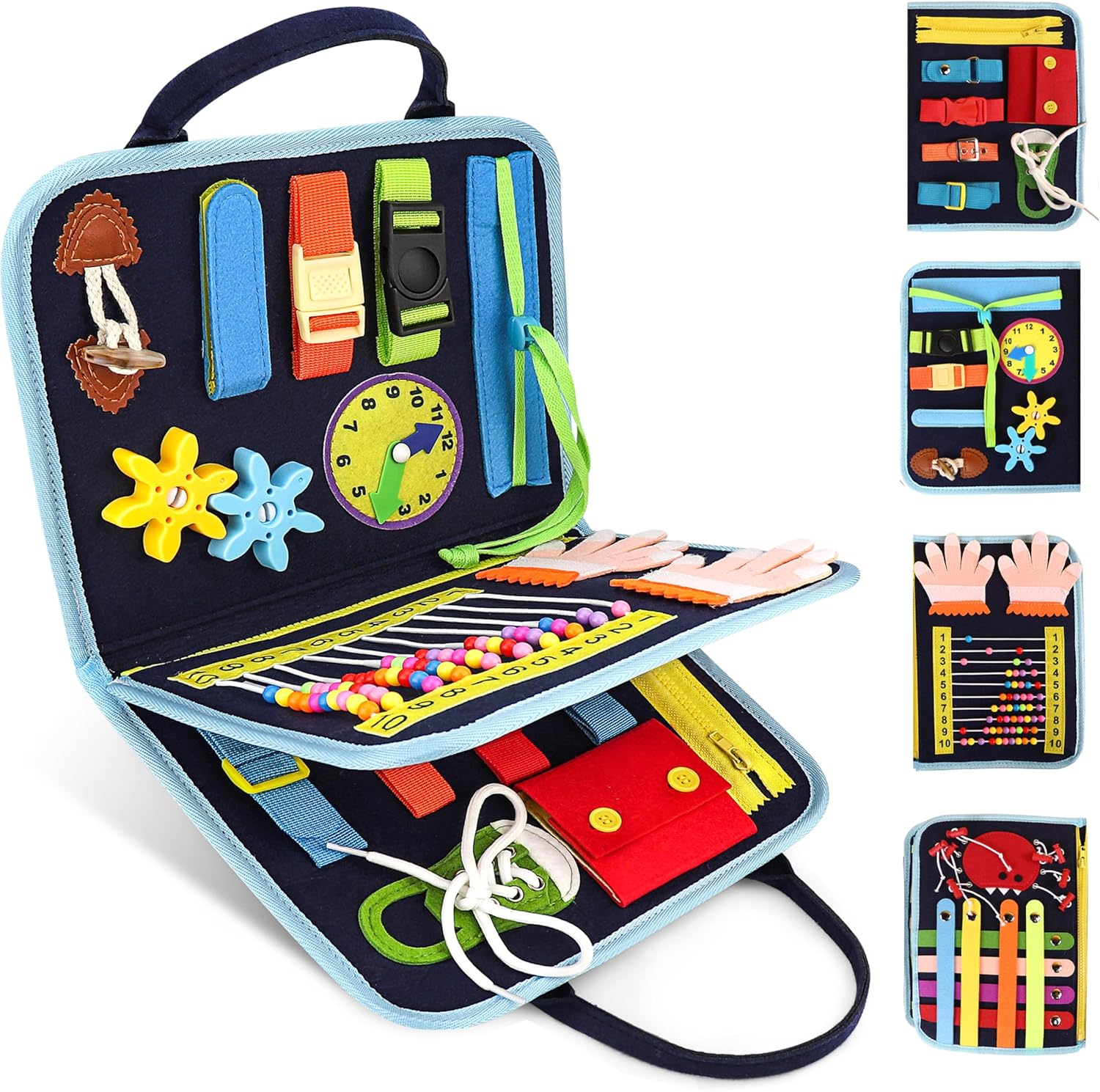 Jagsyjoy Montessori Busy Board front view showing sensory activities
