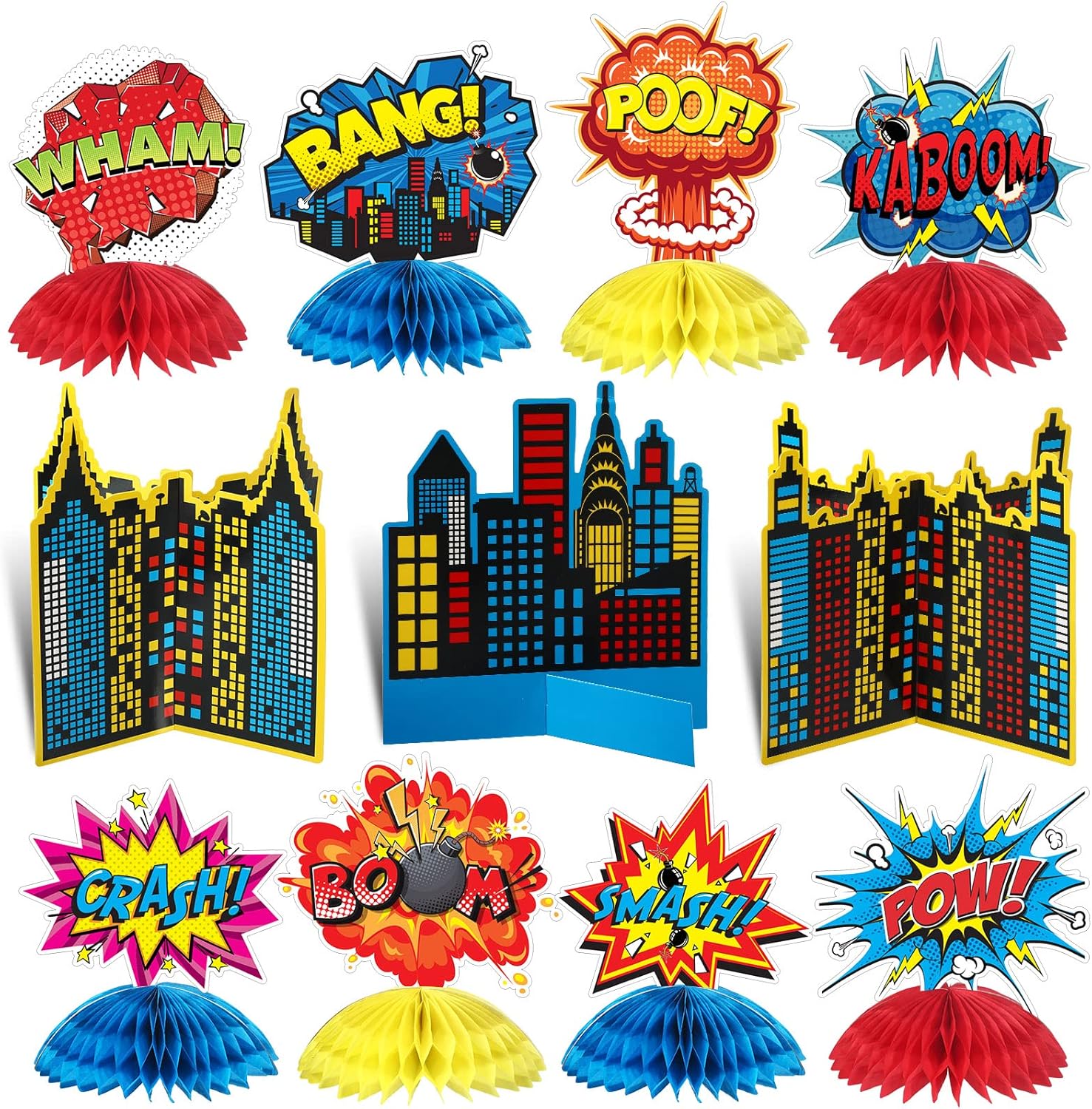 Funrous hero party honeycomb centerpieces set front view