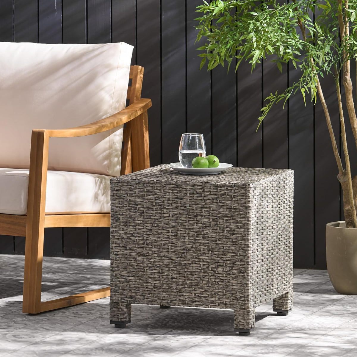 Rpuzonier wicker rattan side table front view outdoor accent furniture