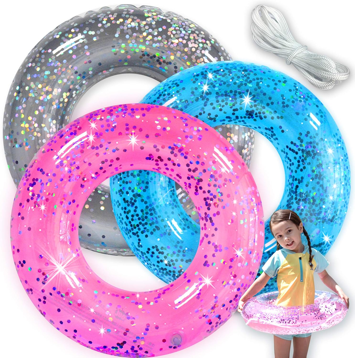 Animsco glitter inflatable swim rings 3 pack front view