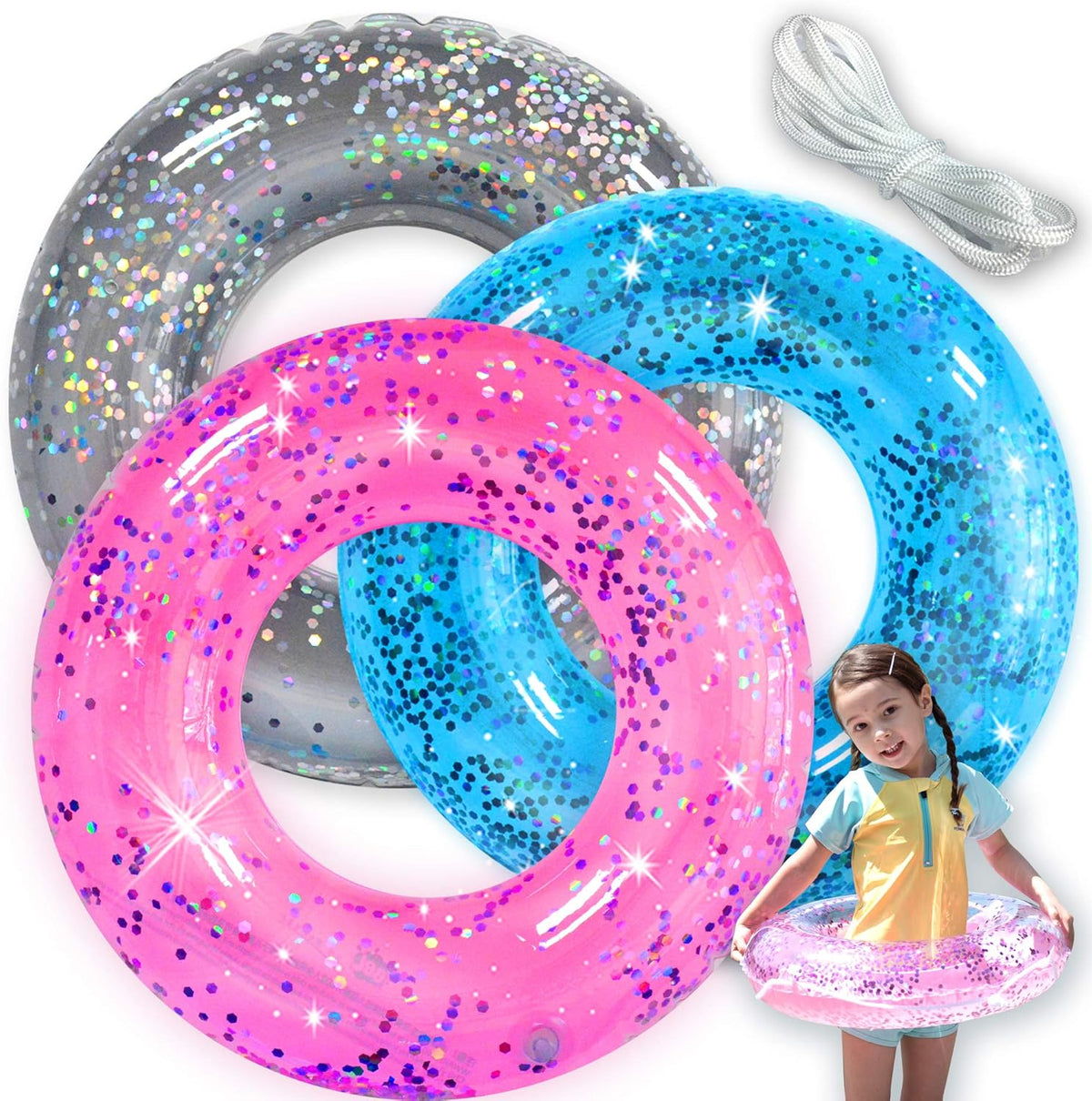 Animsco glitter inflatable swim rings 3 pack front view