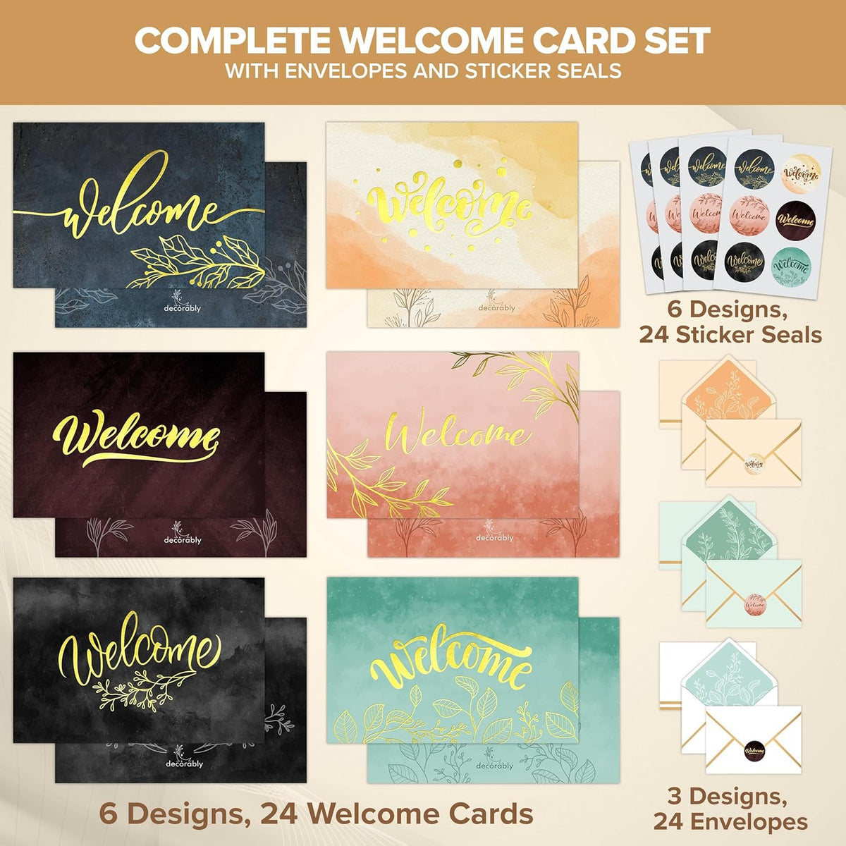 Decorably greeting cards displayed with matching envelopes and stickers