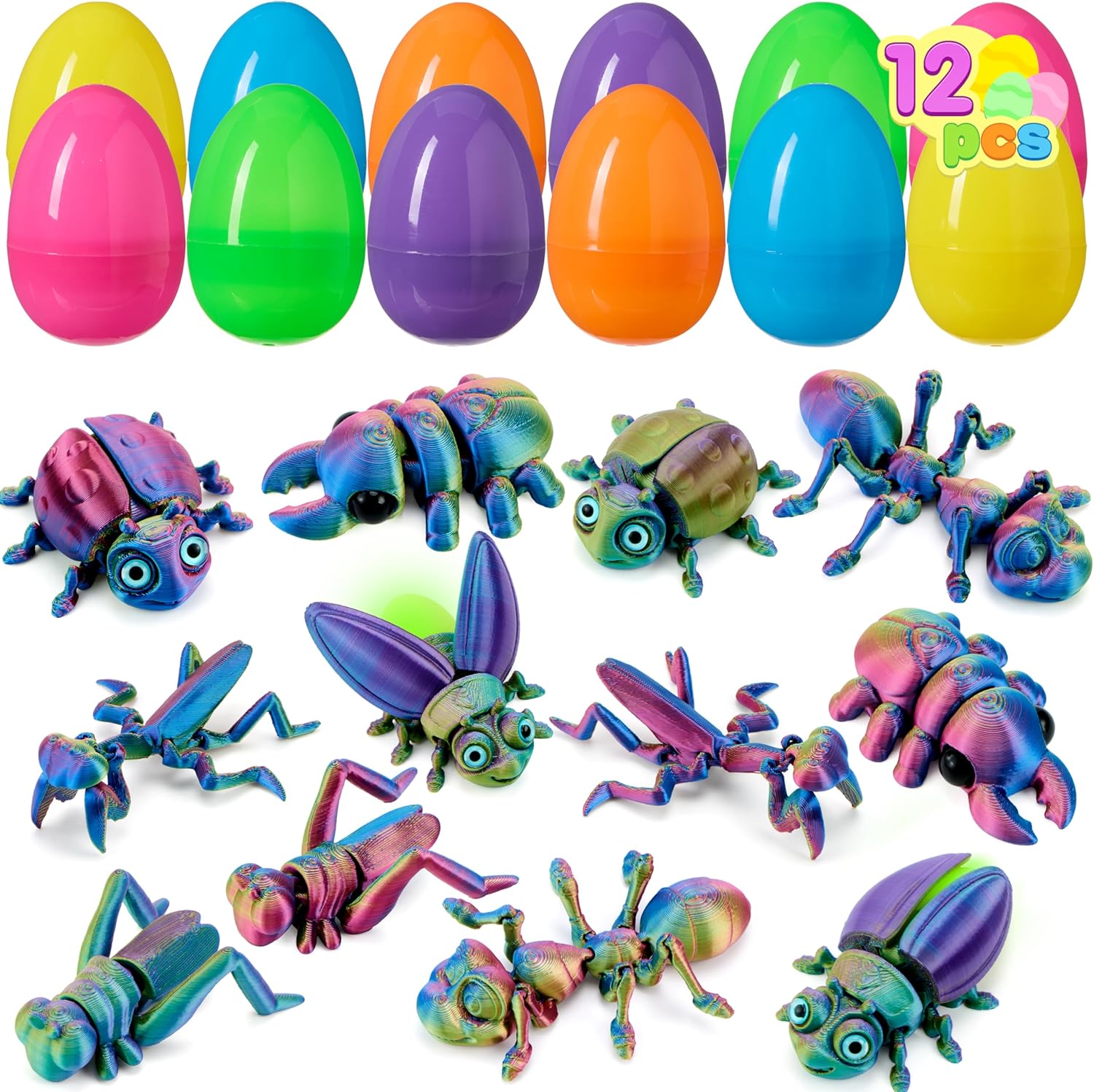 Joyin 12 Pieces Prefilled Easter Eggs with 3D printed insects front view