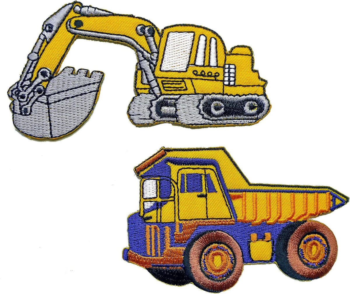 Patch iron on patch embroidered construction vehicle digger and tip truck front view
